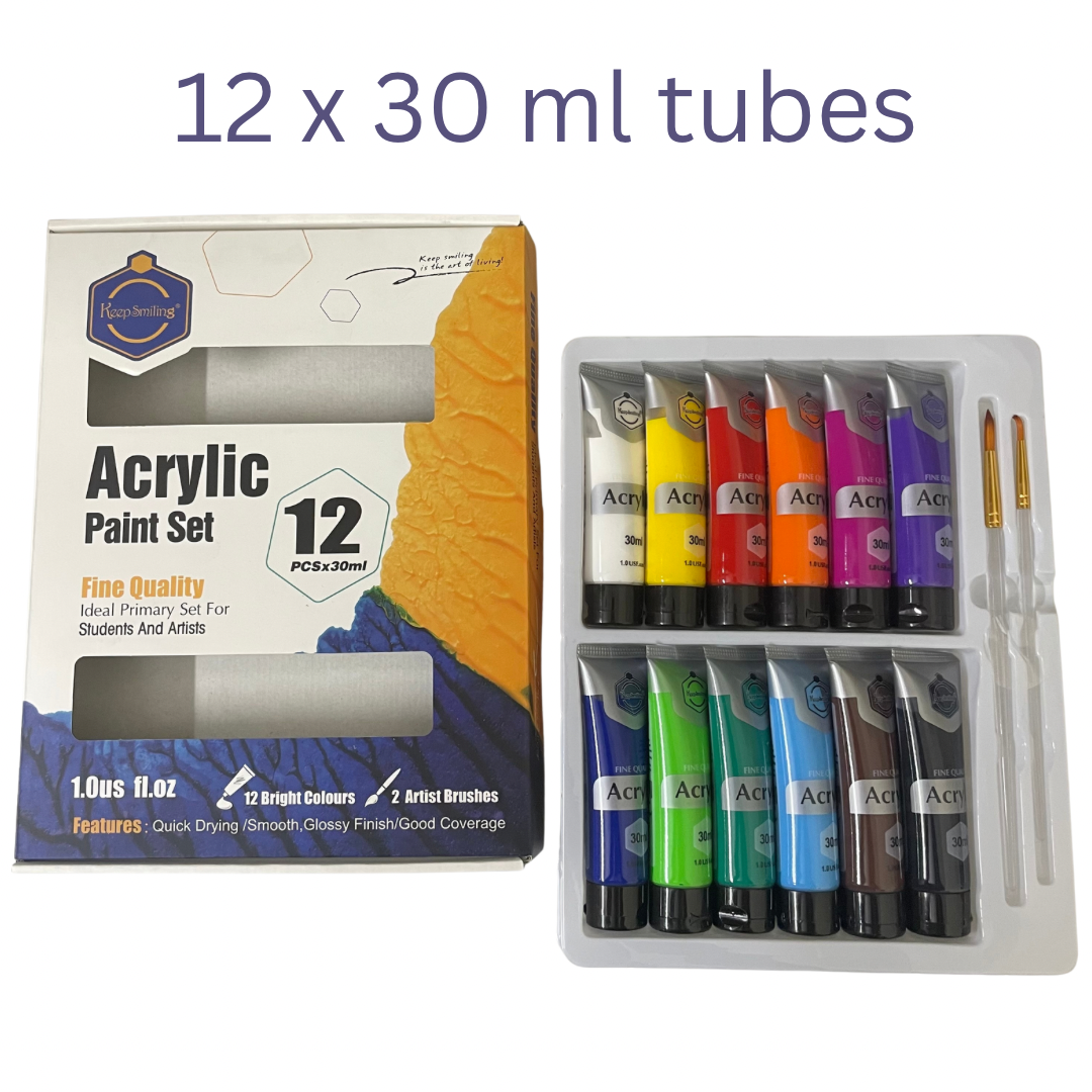 Acrylic paint set with 12 x 30 ml tubes and packaging on a white background