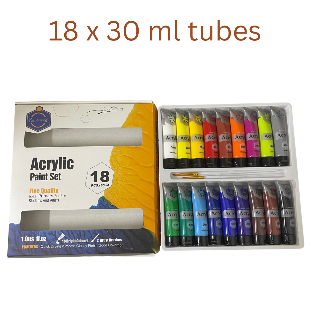 Acrylic paint set with 18 tubes of paint and a box on a white background
