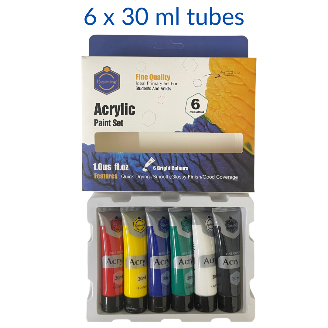 Packaging of acrylic paint set with six 30 ml tubes on a white background
