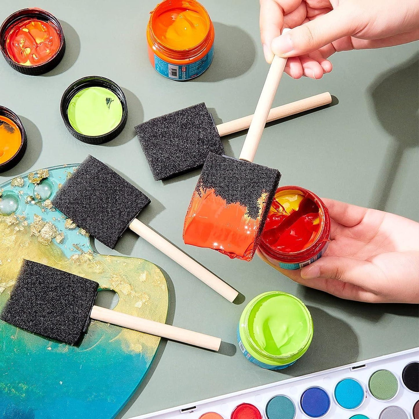 Pack of 5 - FLAT foam sponge paint brush set with wood handle for painting, staining, varnishes and diy art craft projects