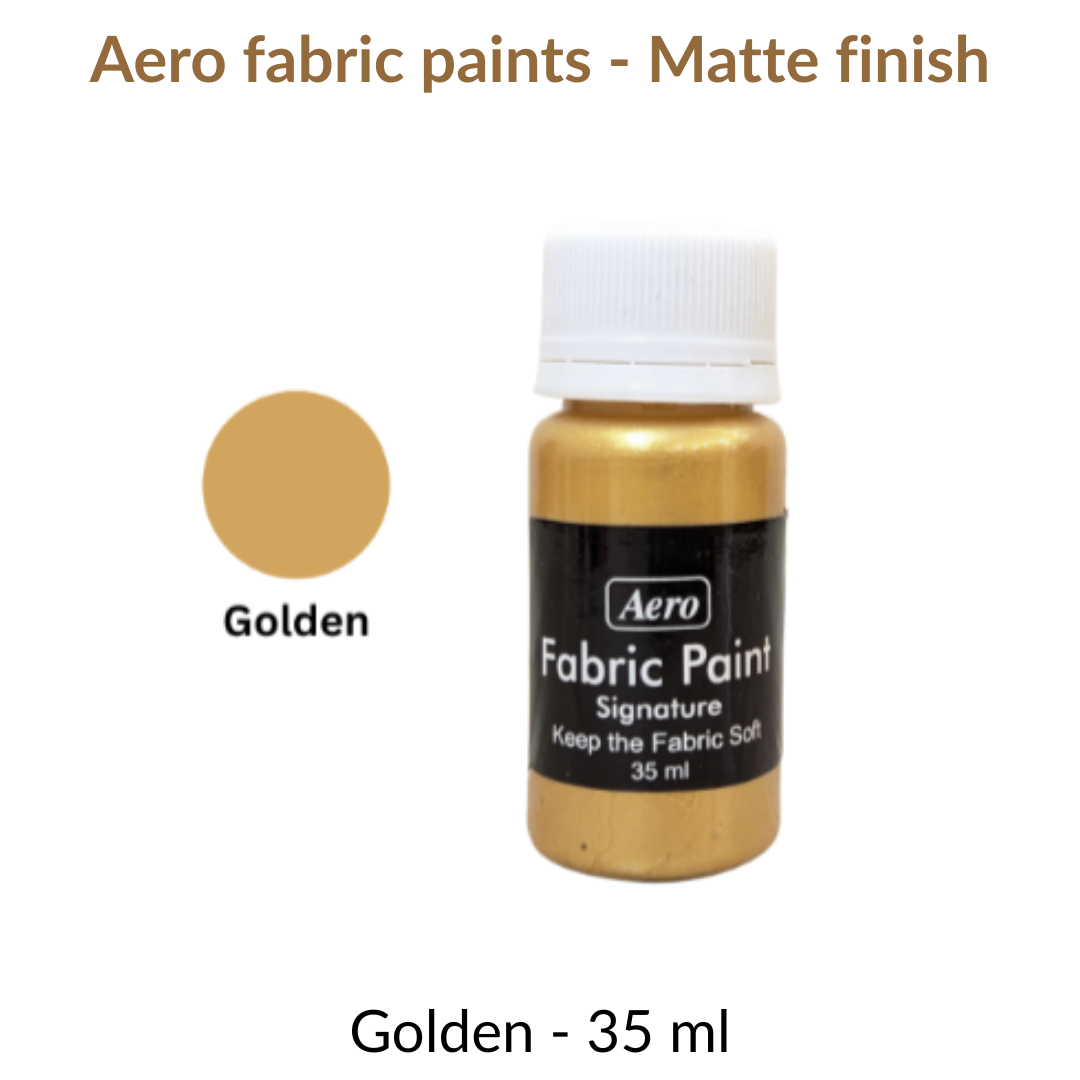 Bottle of Aero fabric paint in golden color with a white cap on a white background.