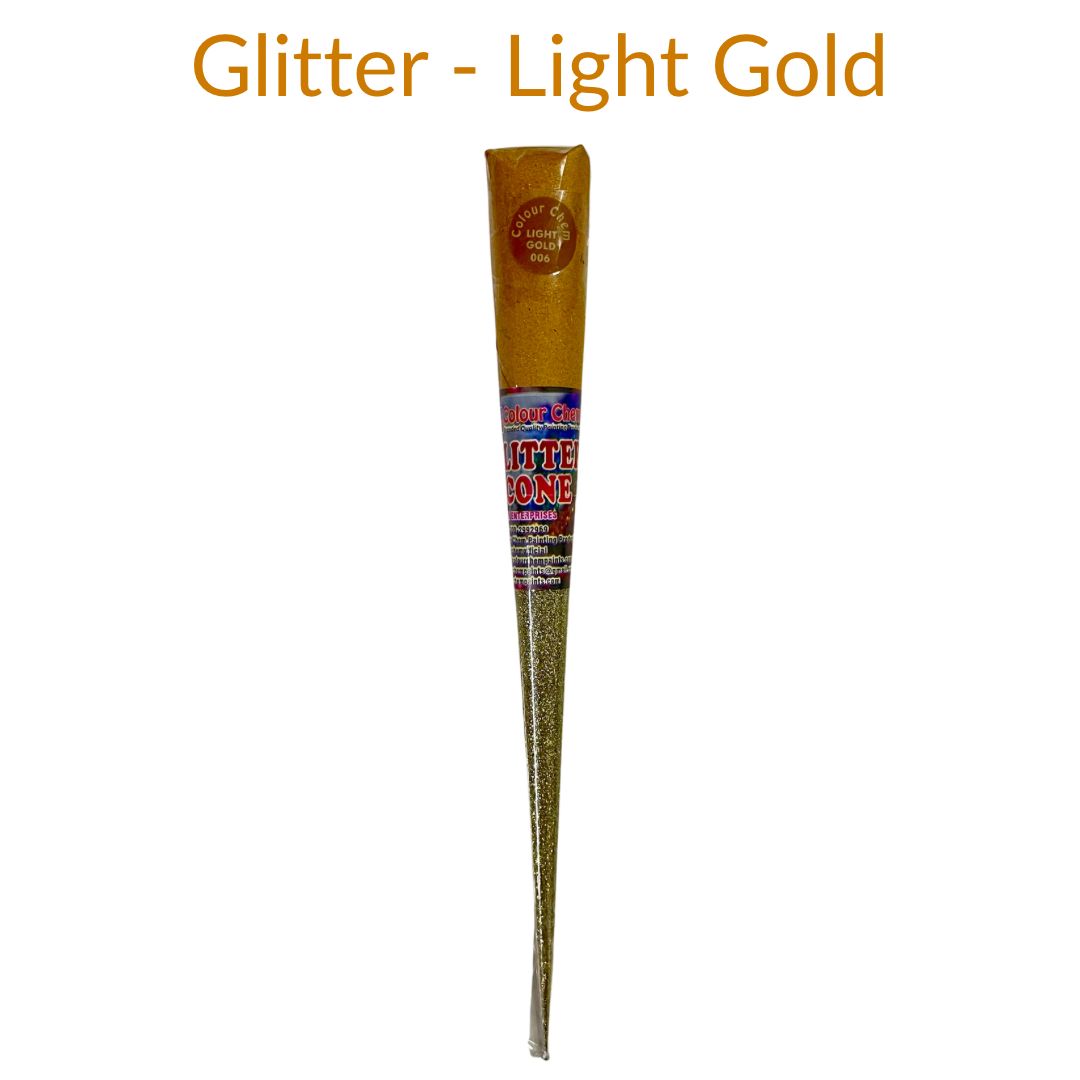 Conical container of glitter in light gold color with a label on a white background.