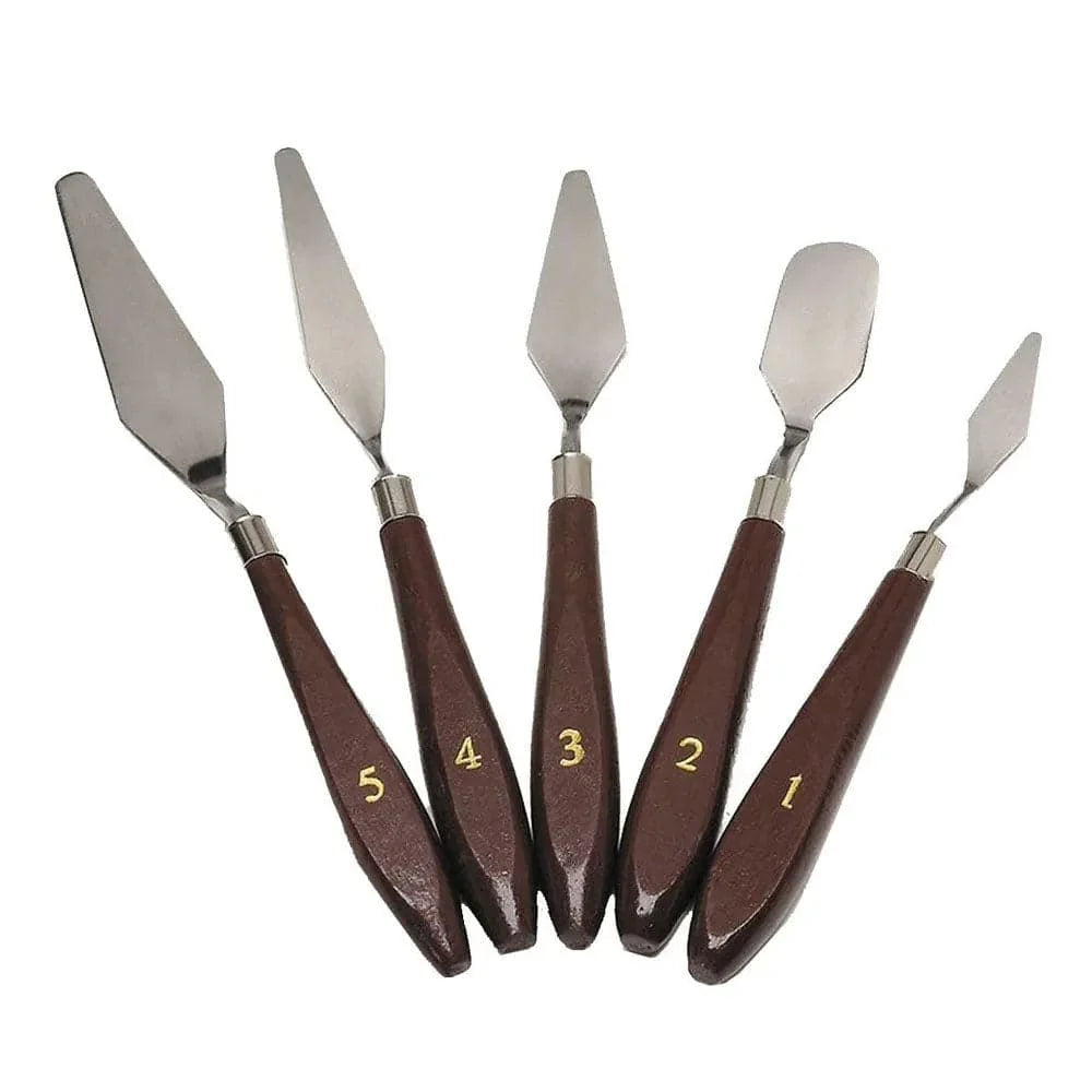 Set of five metal spatulas with brown handles and numbered labels on a white background