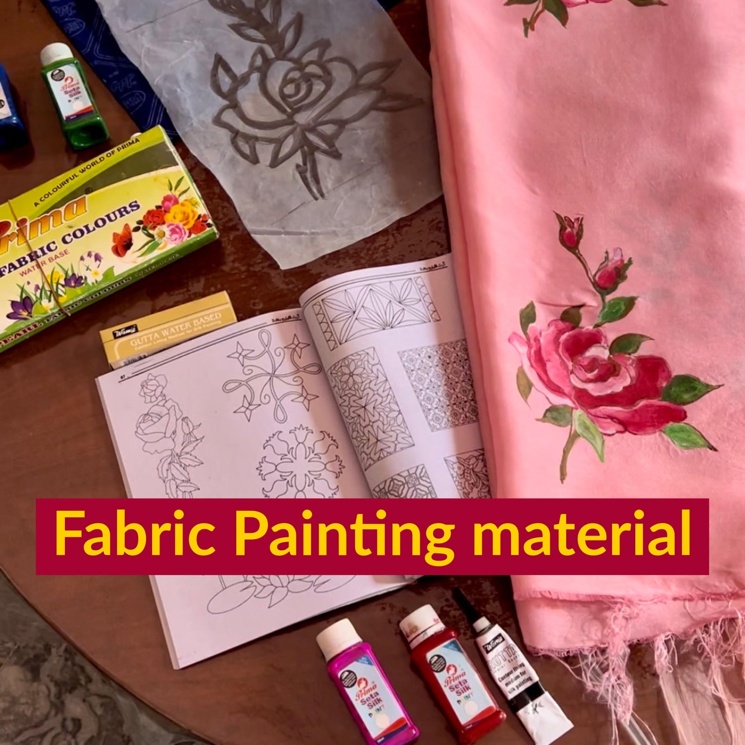Picture showing complete fabric painting material for fabric art.