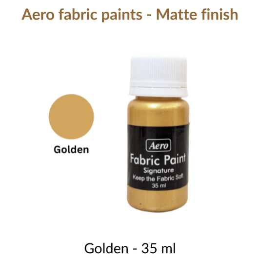 Bottle of Aero fabric paint in golden color with a white cap on a white background.