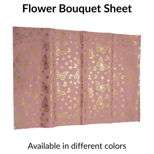 A pink flower bouquet sheet with a metallic gold foil pattern of butterflies, flowers, and leaves, displayed on a white background with text reading 'Flower Bouquet Sheet' and 'Available in different colors'.