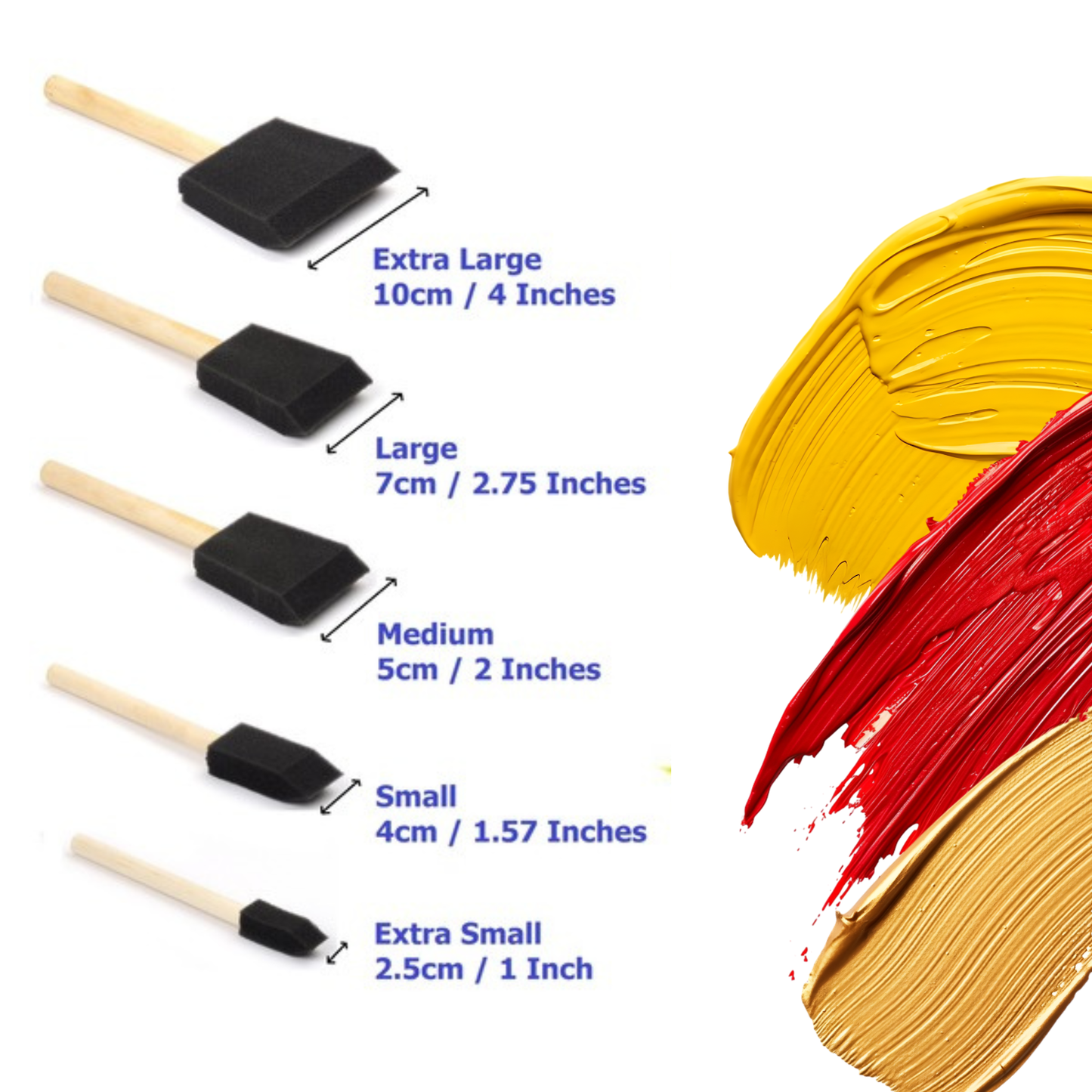 Set of black paintbrushes with measurements and color swatches on a white background