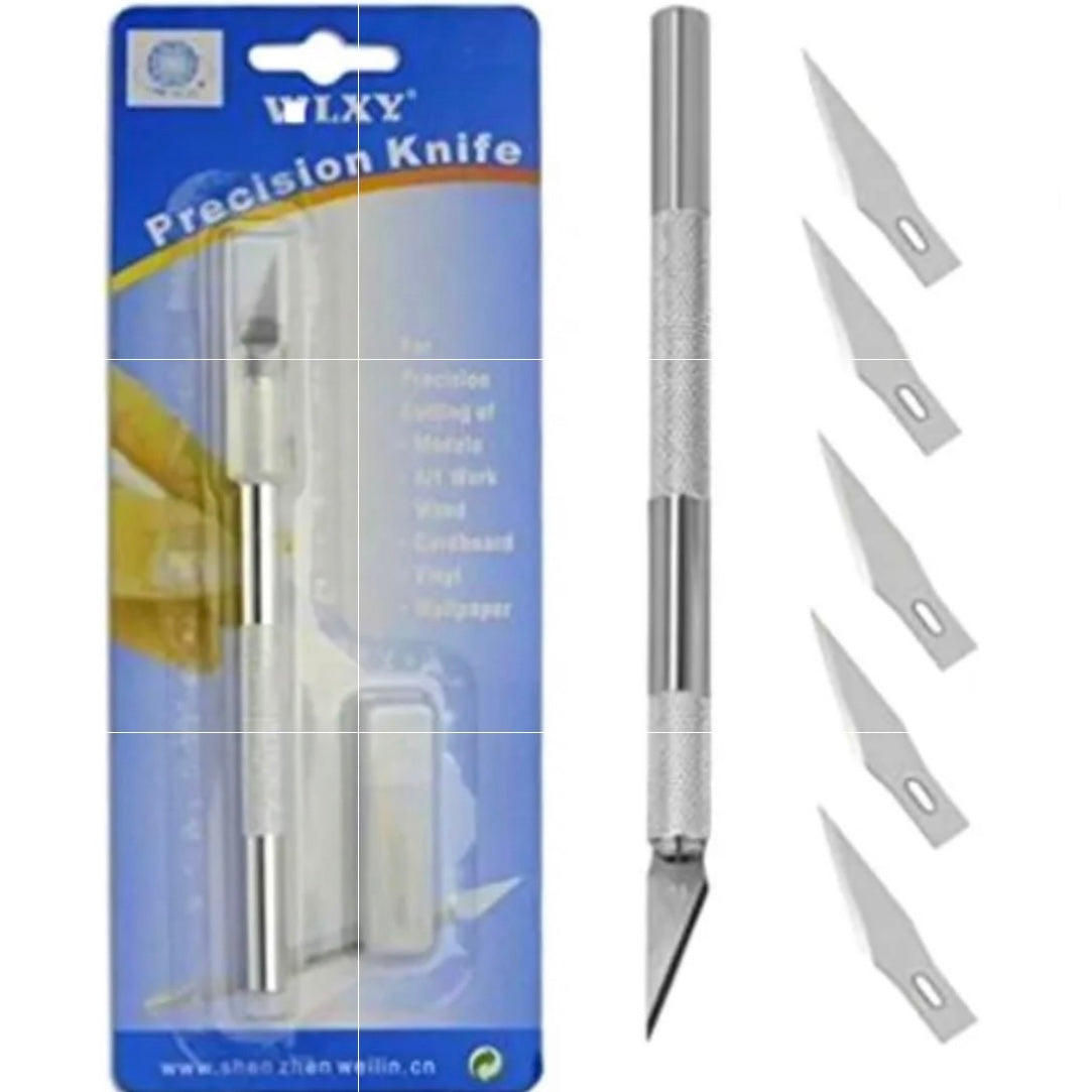 Precision knife set with blades and packaging on a white background