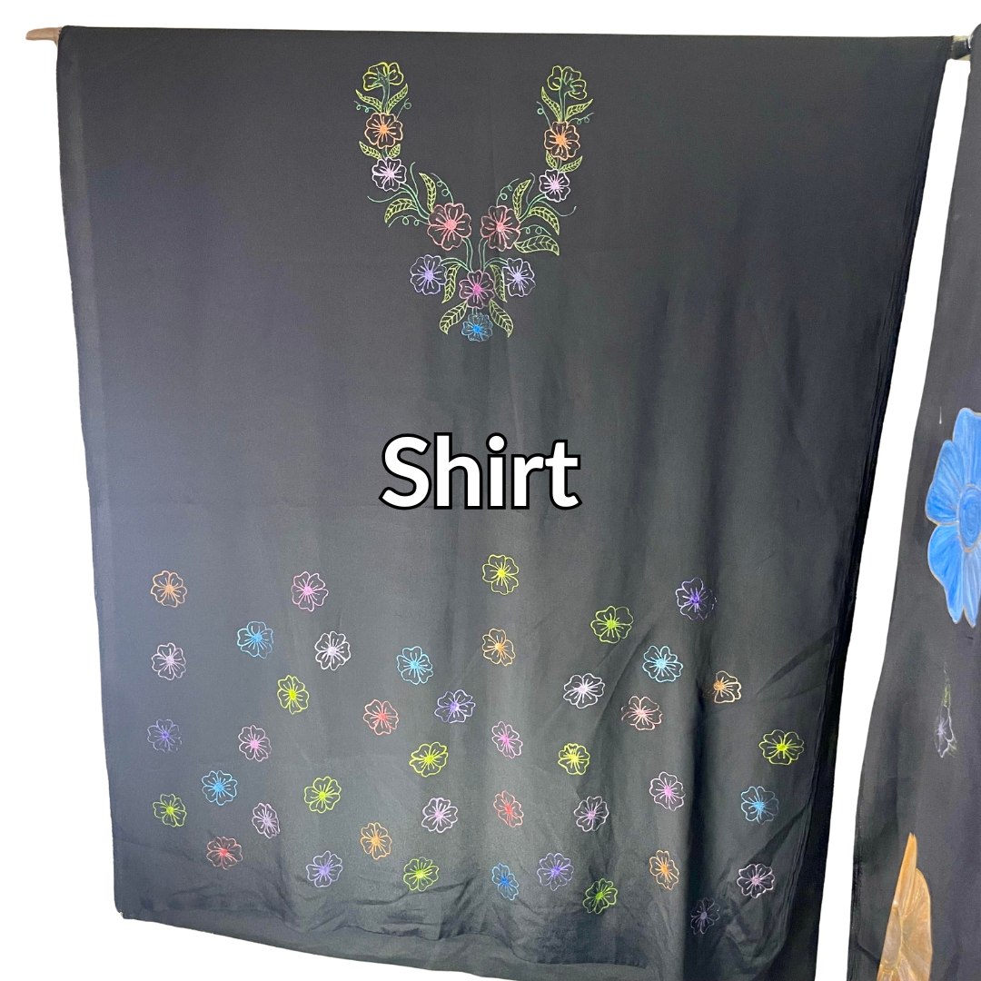 Dark fabric with colorful floral embroidery patterns on a plain background