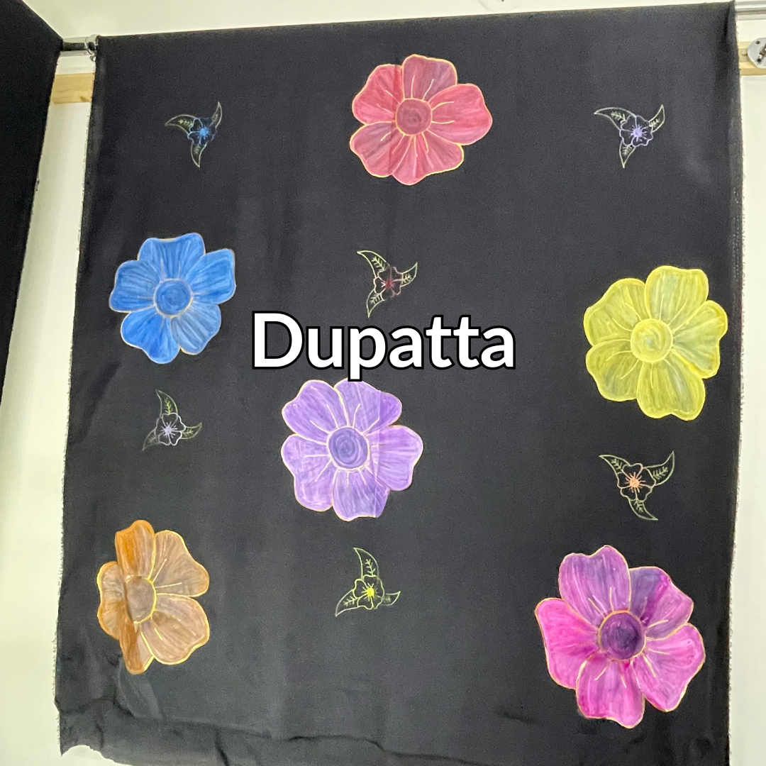 Dark fabric Dupatta with colorful floral embroidery patterns on a plain background