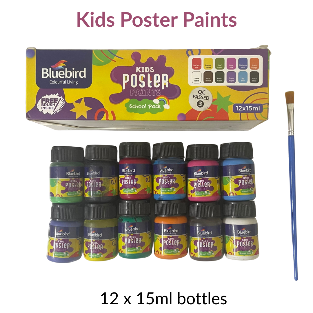 Bluebird Kids Poster Paints – 12 x 15ml bottles with Free Brush | Scho ...