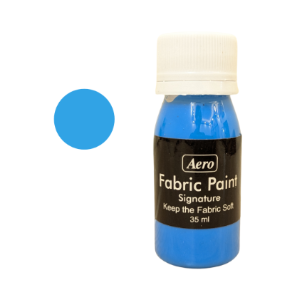 Bottle of Aero fabric paint in light blue on a white background