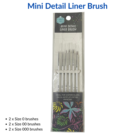 Packaged mini detail liner brushes with size labels on a white background