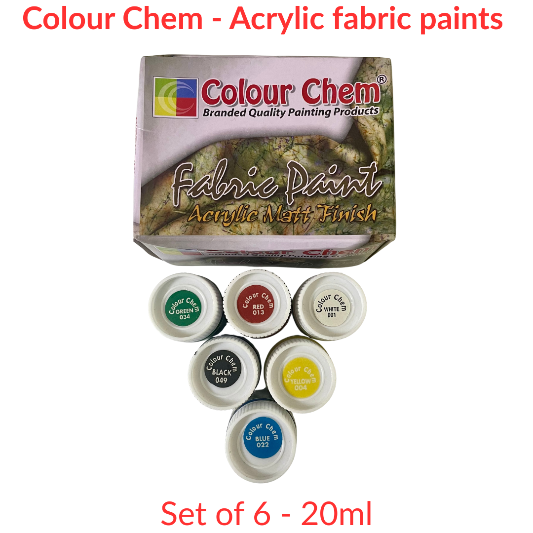 Set of 6 Colour Chem acrylic fabric paints with packaging on a white background