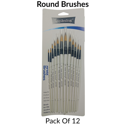 Pack of 12 round brushes in a clear package with branding on a white background
