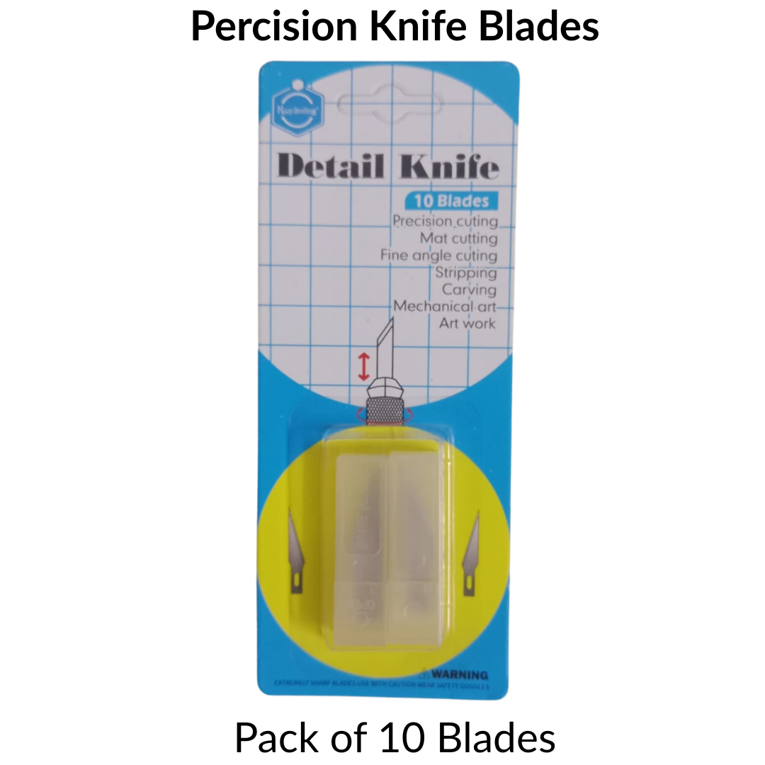 Pack of 10 precision knife blades with packaging on a white background