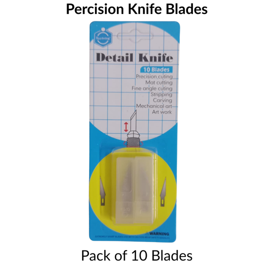 Pack of 10 precision knife blades with packaging on a white background