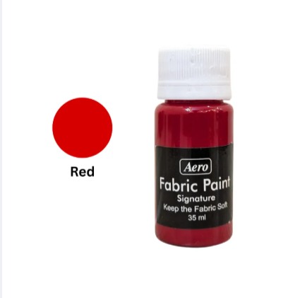 Red fabric paint bottle with 'Aero' branding on a white background