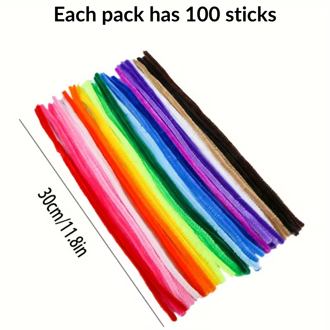 Multicoloured velvet twist sticks for craft making - Pack of 100 - pipe cleaner velvet sticks / Chenille Stems