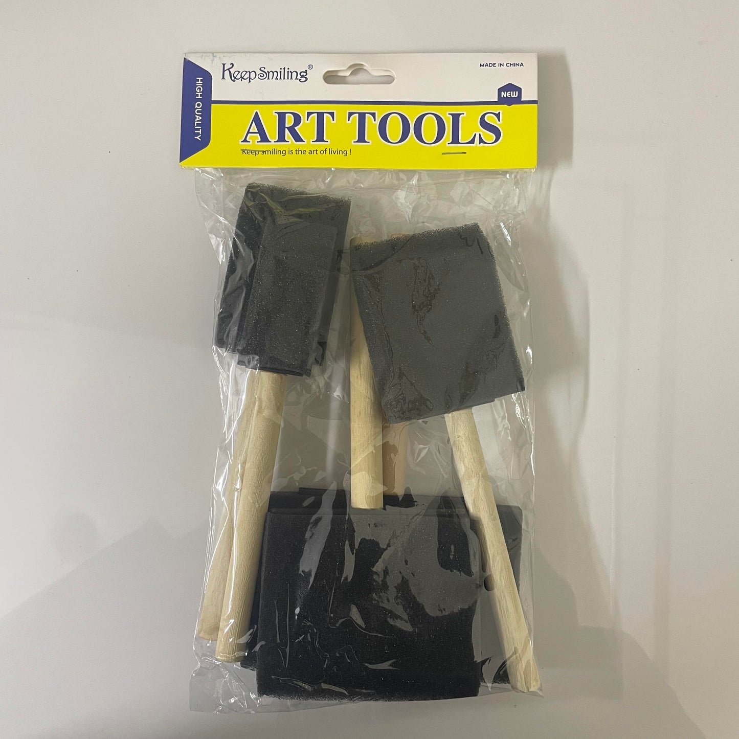 Pack of 5 - FLAT foam sponge paint brush set with wood handle for painting, staining, varnishes and diy art craft projects